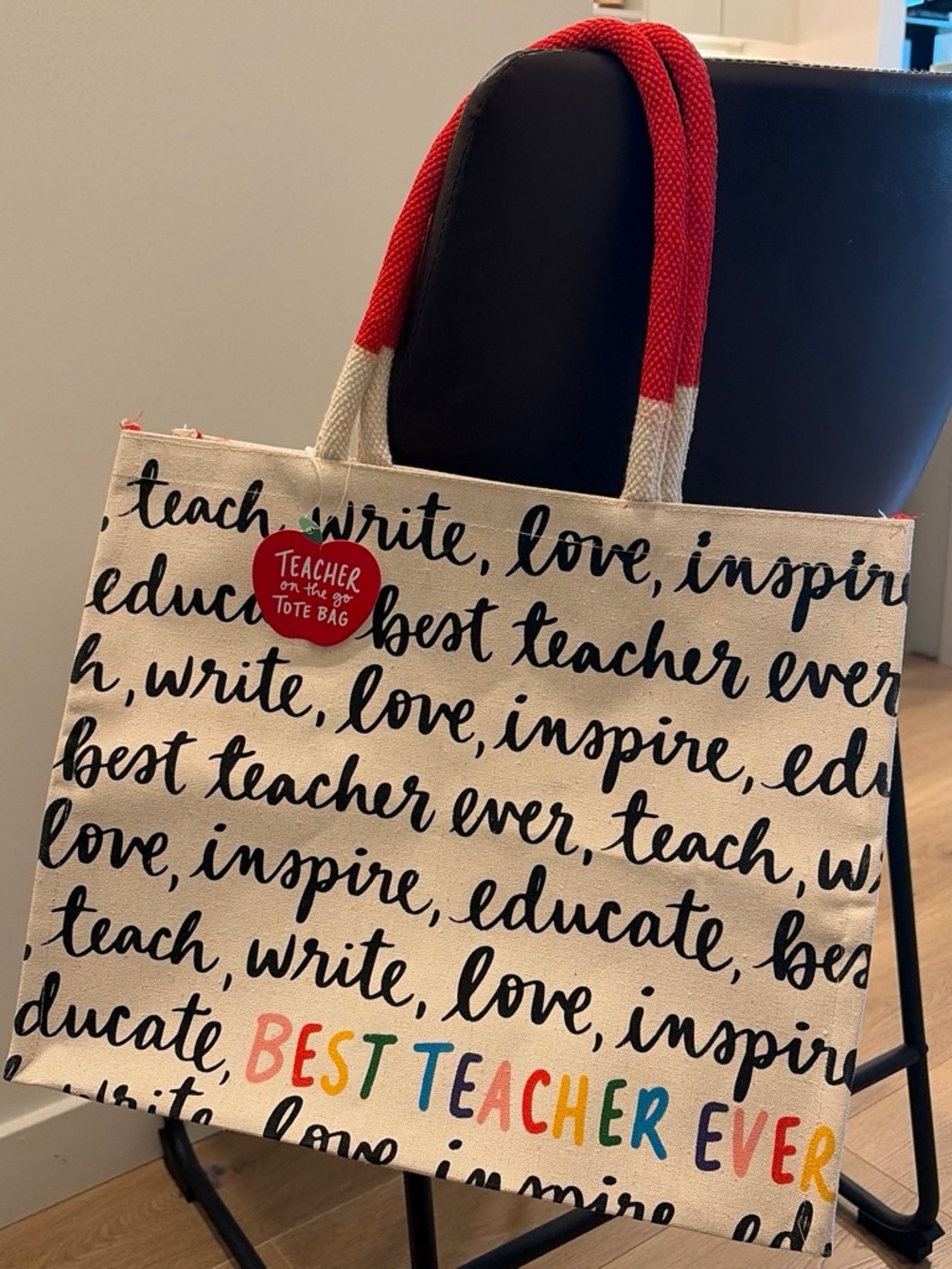 Canvas Teacher Tote Bag in Natural with Red Handles